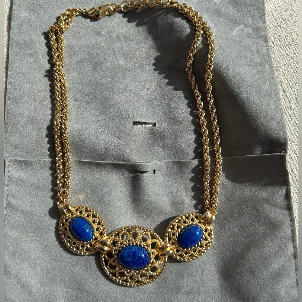 Vintage CHRISTIAN DIOR Lapis Lazuli Gold Plated StatementNecklace - Picture 3 of 6